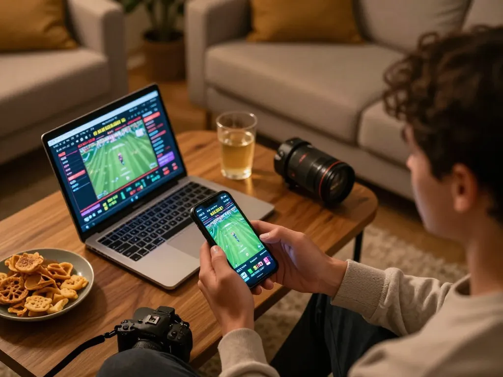 The individual strategizes their sports betting on ok365 with a focused mobile app, snacks prepared.