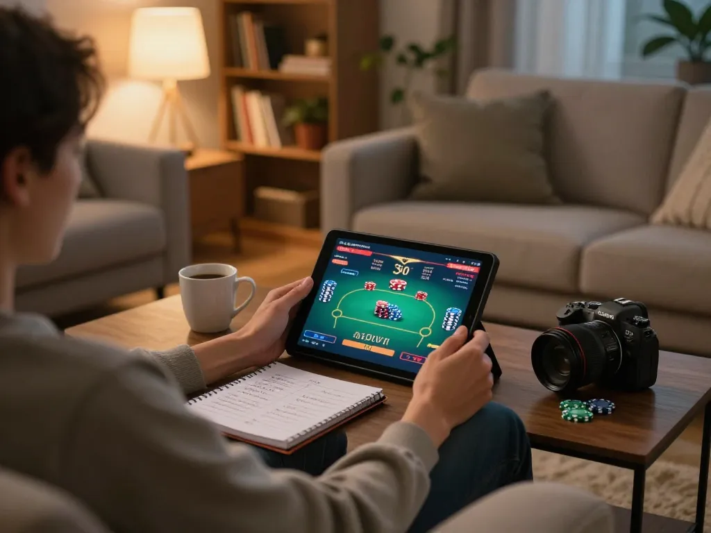 Person enjoying online poker gaming on a tablet at home with God55, showcasing a cozy and strategic gaming atmosphere.