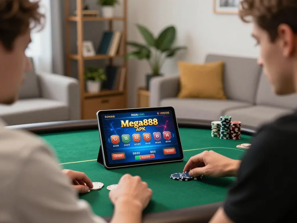Engaging in Mega888 APK gameplay with tablet over a cozy home setup, showcasing vibrant poker interface.