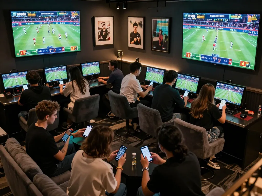 Friends engaging in keo bong da truc tuyen while discussing strategies in a stylish sports lounge