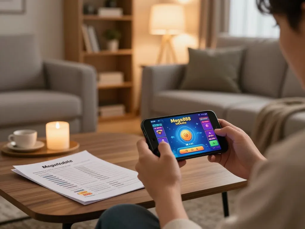 Mega888 Mobile gameplay on a smartphone in a cozy home environment.