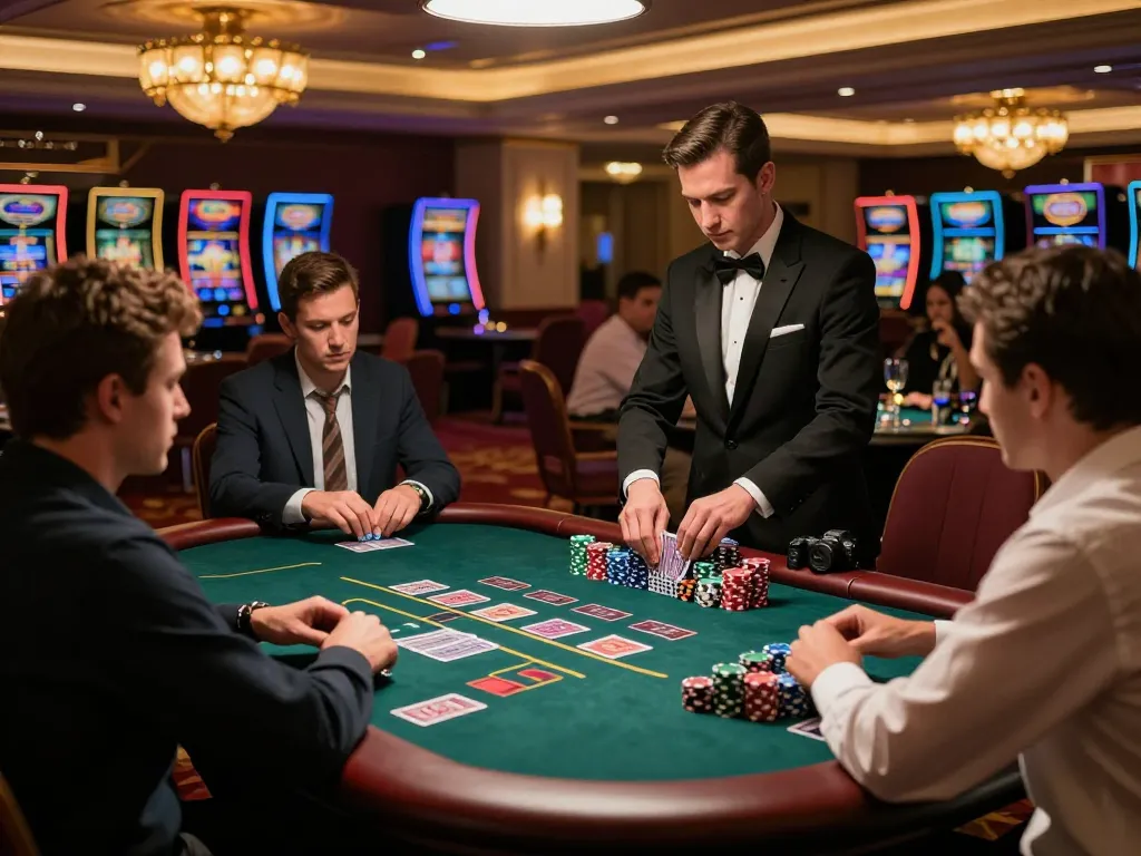 Players engaging in a strategic blackjack game at a luxurious casino table highlighting debet betting excitement.