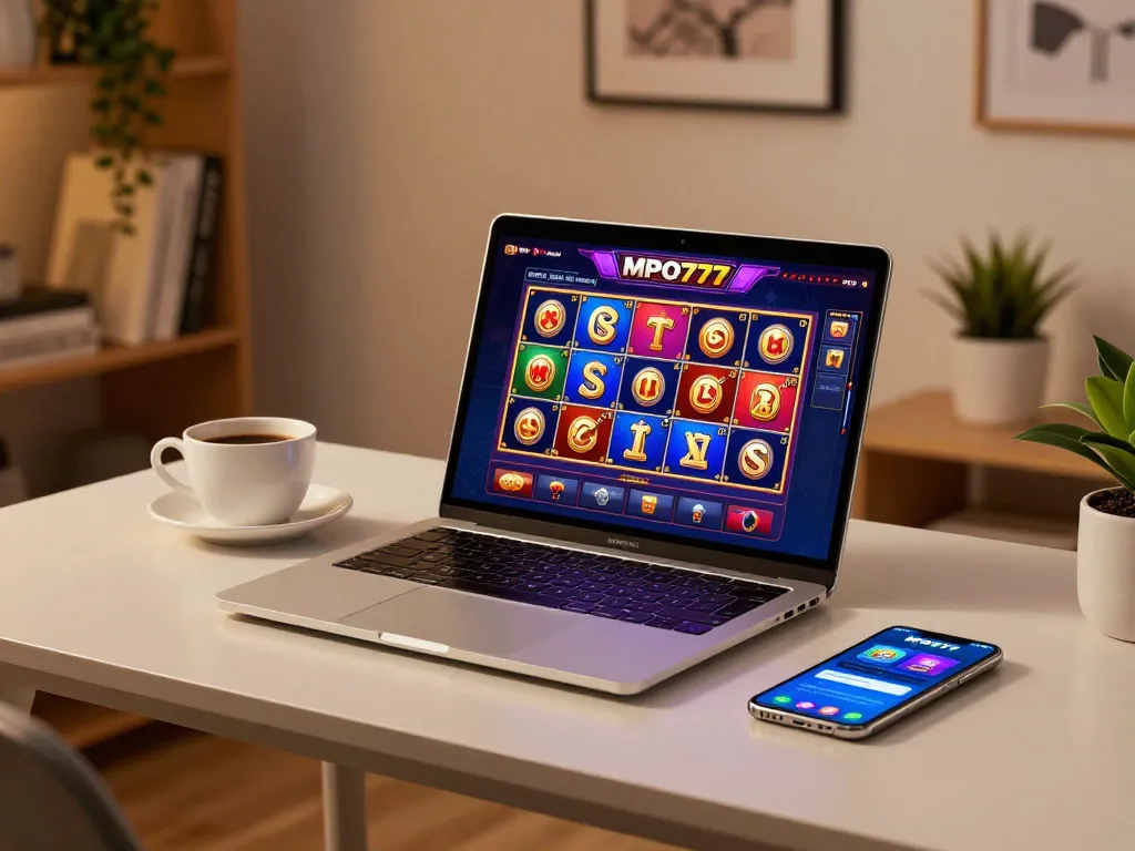 Engaging in online gambling with MPO777 on a laptop, showcasing vibrant slot game interface.