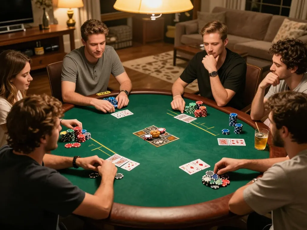 Engaging poker game during a home night, showcasing Go 88 strategies in action around a vibrant table.