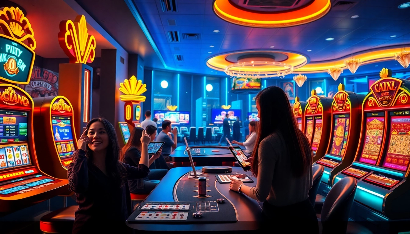Engaging scene depicting F8BET trang chủ with vibrant online gambling games and excited players.