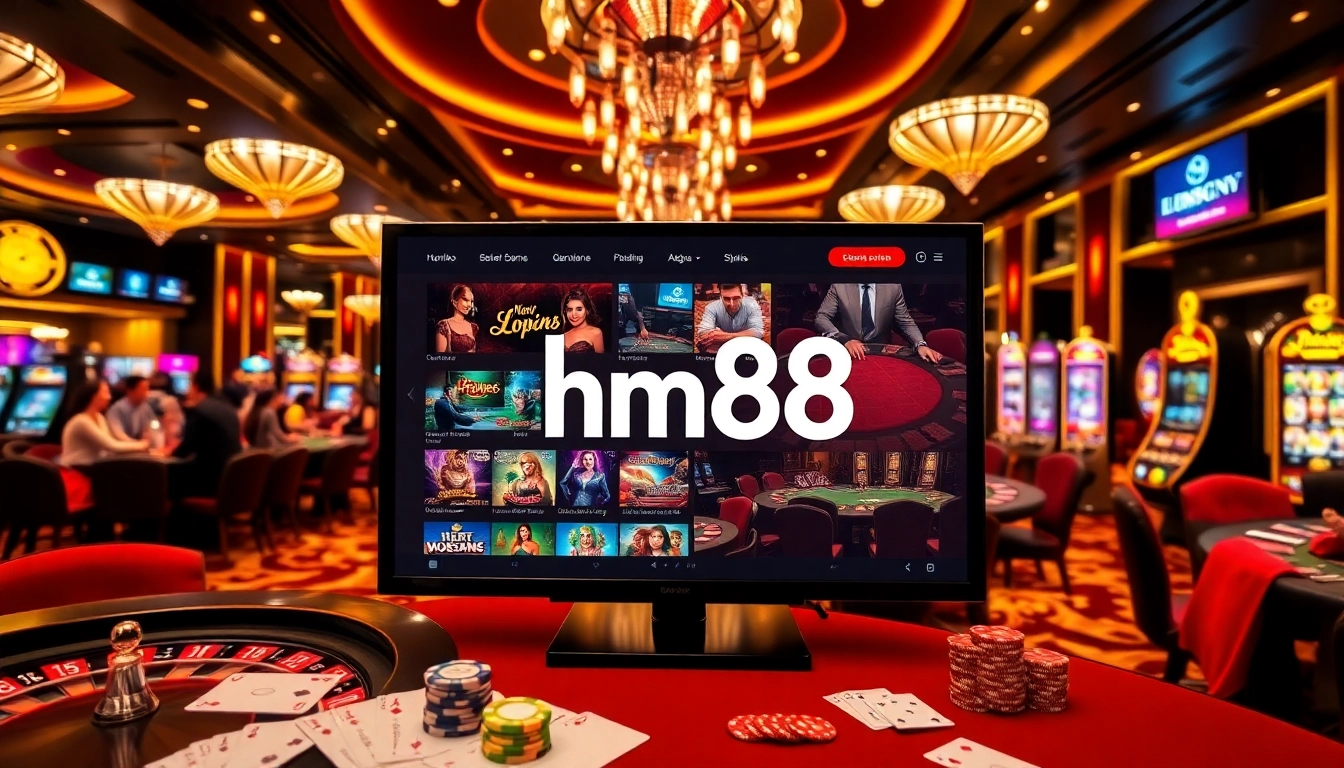 Players enjoying dynamic gambling experiences at HM88 casino, featuring slot machines and poker tables.