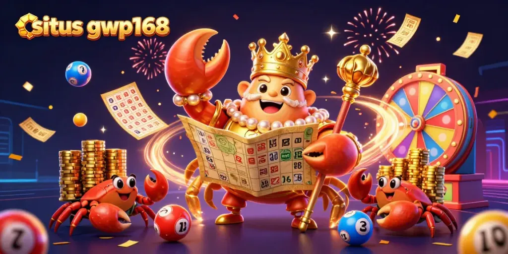 Gambarkan situs gwp168 dengan kepiting emas besar, kartu bingo, dan lotere dalam suasana meriah.