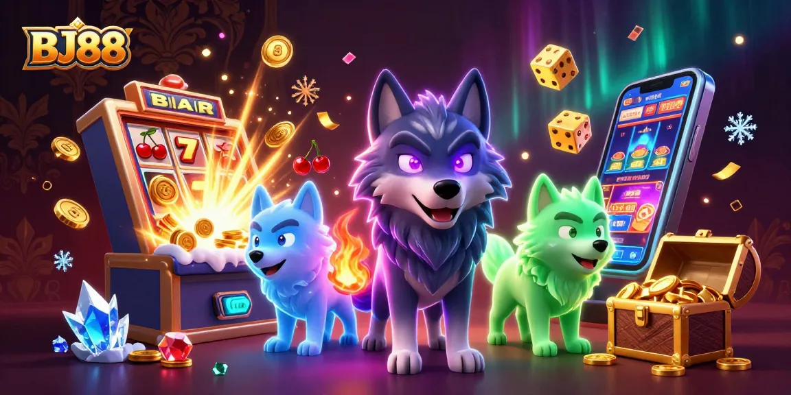 BJ88 showcases an exciting 3D casino scene with animated wolves, jackpot elements, and vibrant game graphics.