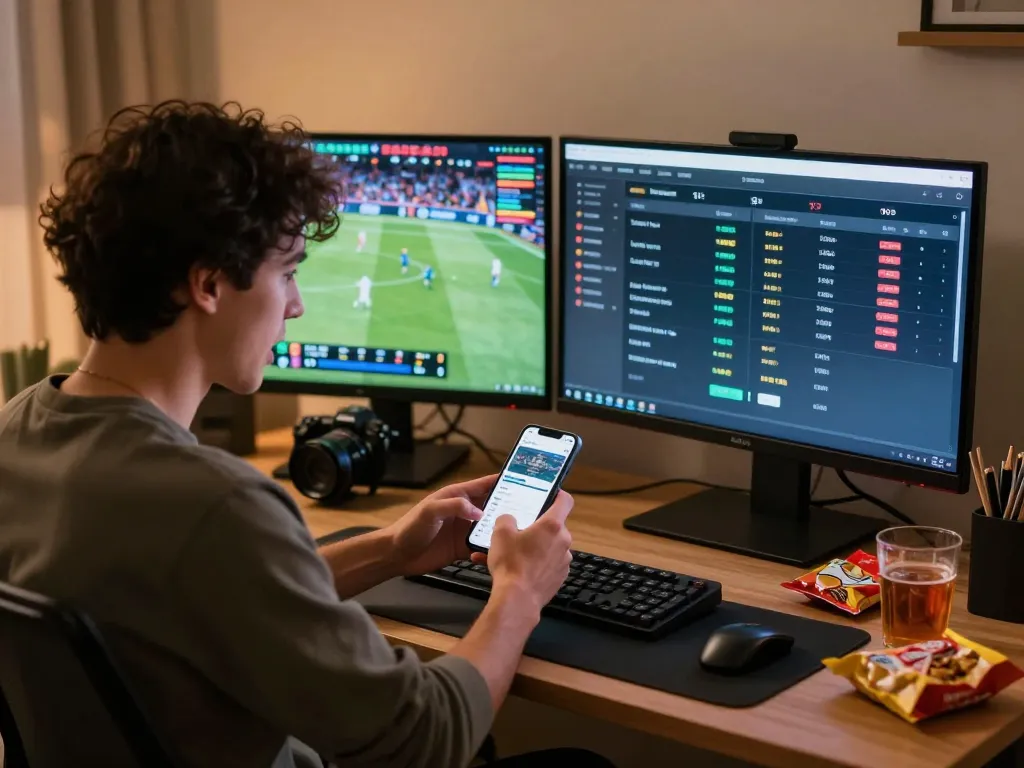 Engaged bettor analyzing live odds on trang chủ go8 while enjoying a sports event at home.