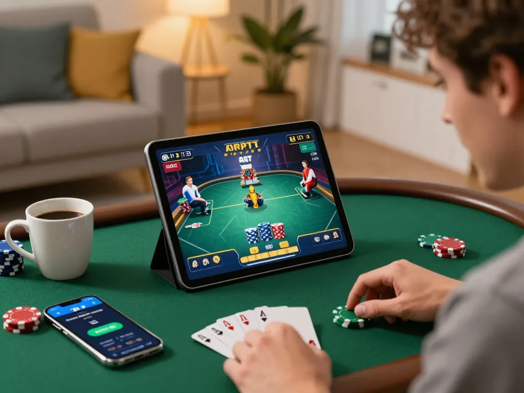 Engage with JUARA88 DAFTAR in an exciting online poker game setup at home, showcasing strategic gameplay.