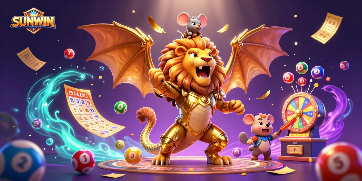 SUNWIN offers thrilling adventure with a golden chimera roaring amidst colorful casino games and dynamic lottery elements.
