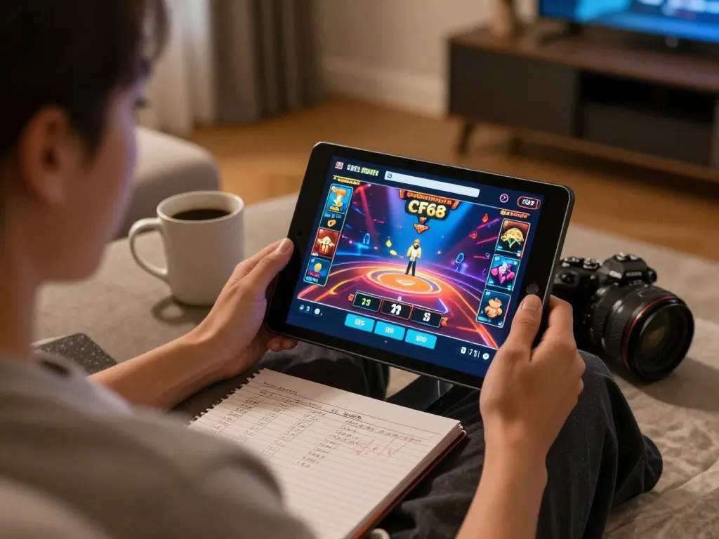 Engaging in strategic gameplay on cf68 online casino app while enjoying a cozy home atmosphere.