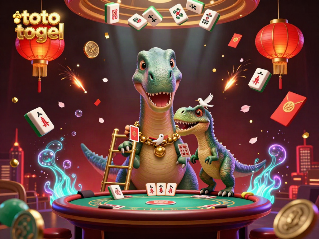 Engage in thrilling toto togel gameplay with a massive brontosaurus and clever raptor in a vibrant casino scene.