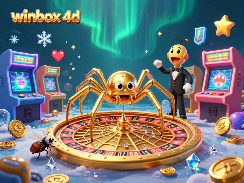 Experience winbox 4d magic with a roulette-spinning golden spider and interactive gaming elements.