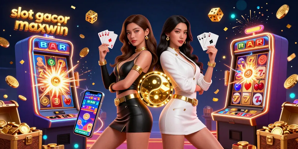 Experience thrilling gameplay with slot gacor maxwin, showcasing twin Asian women with cards and a jackpot explosion.