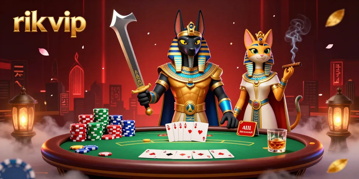 Experience thrilling poker action at rik vip with Anubis and Bastet amid vibrant game elements.