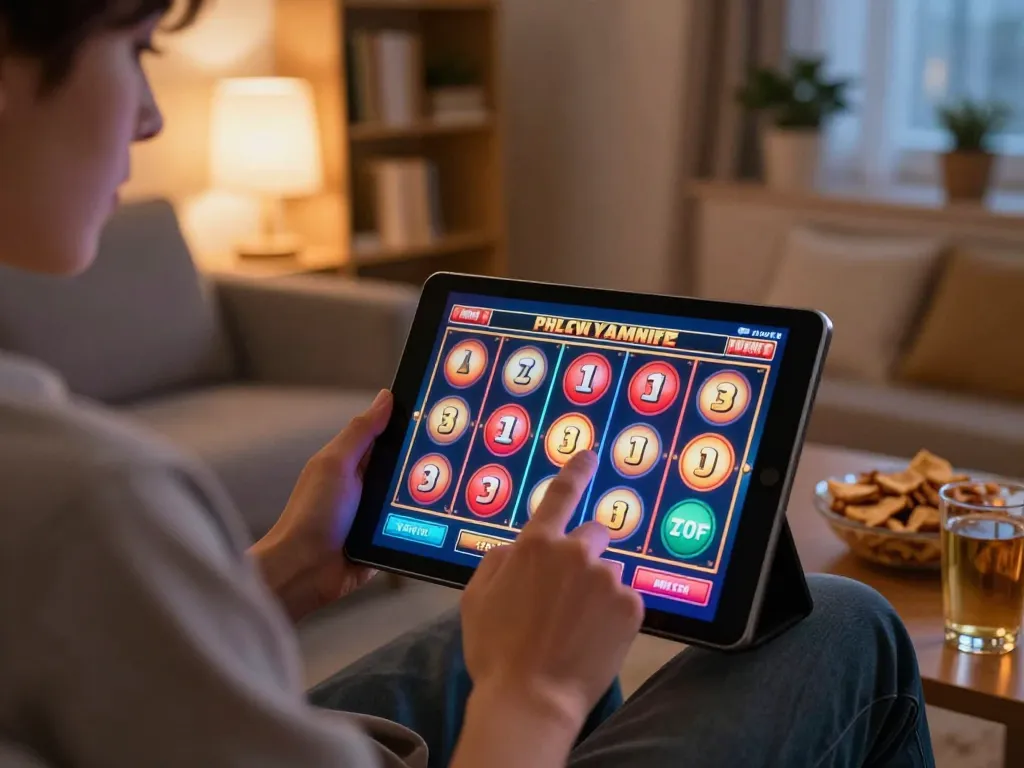 Player enjoying online slot gaming at home, highlighting nhà cái uy tín in a cozy setting.
