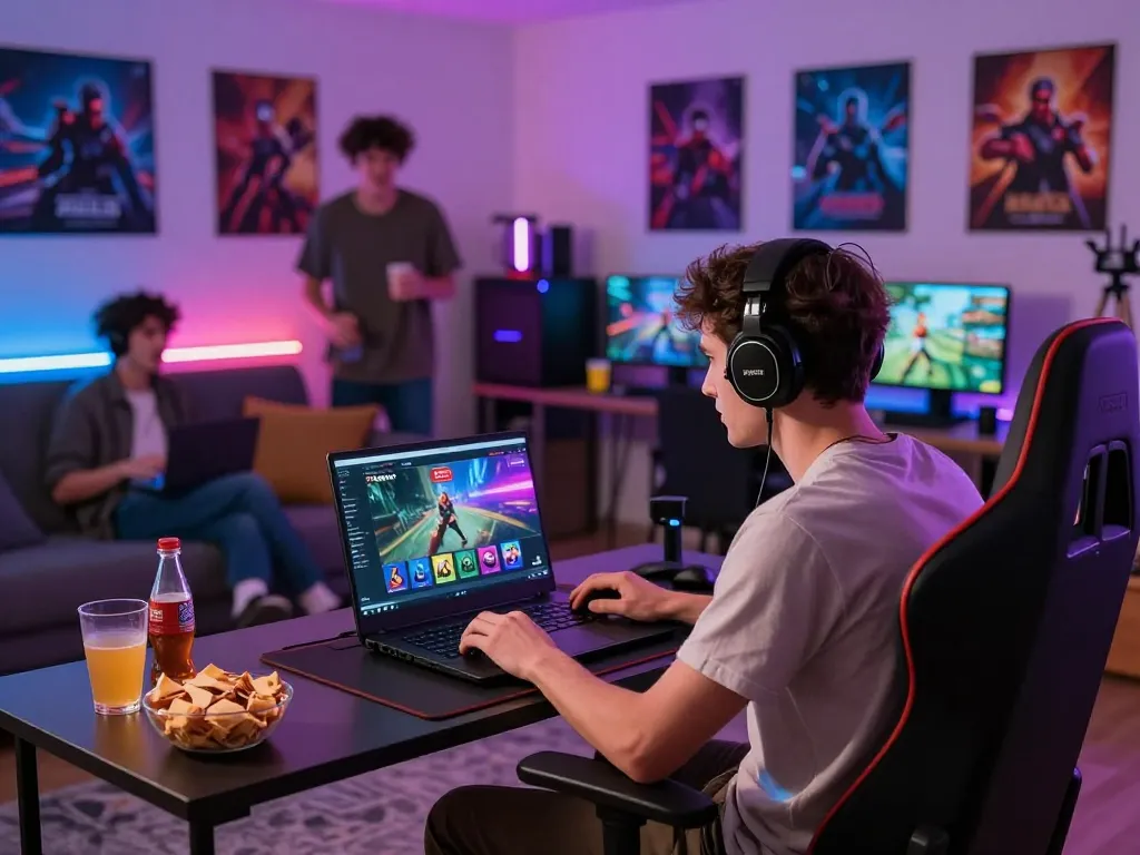 A young man engaging with the 79KING gaming platform in a vibrant living room environment, enjoying an online gaming session.