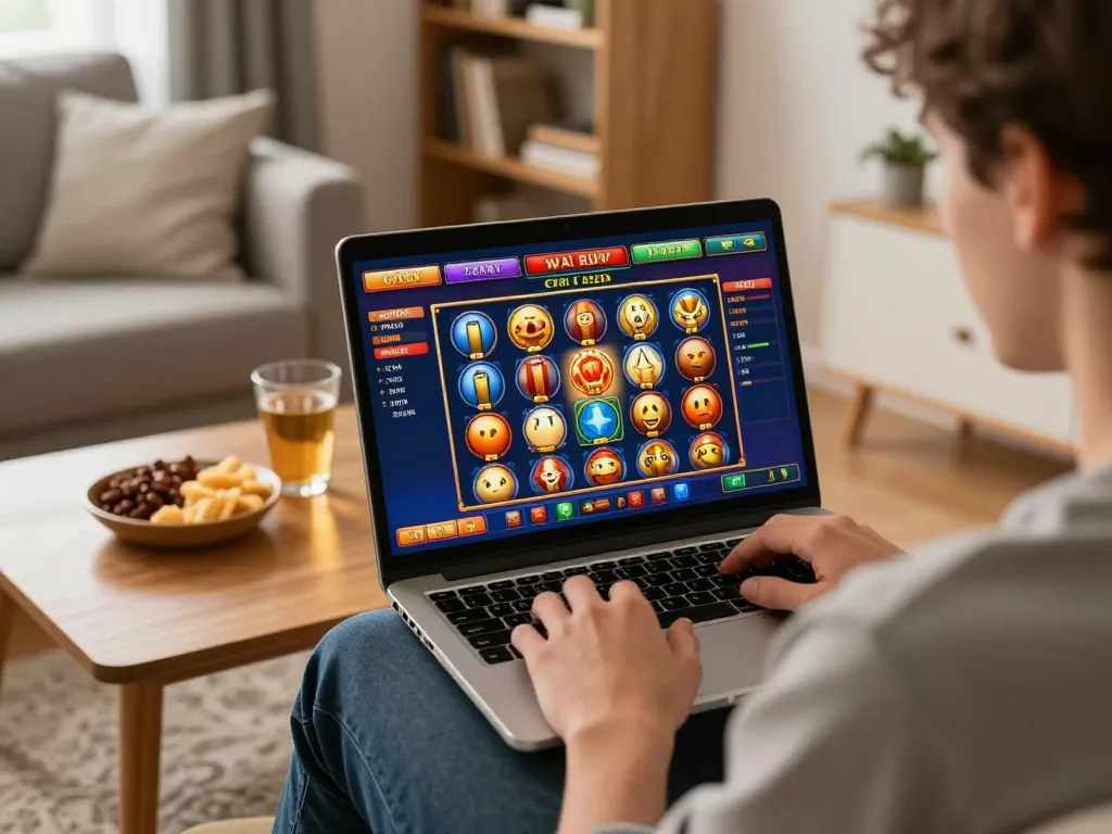 Engaging with sun win online slots on laptop in a cozy living room setting, showcasing dynamic gaming