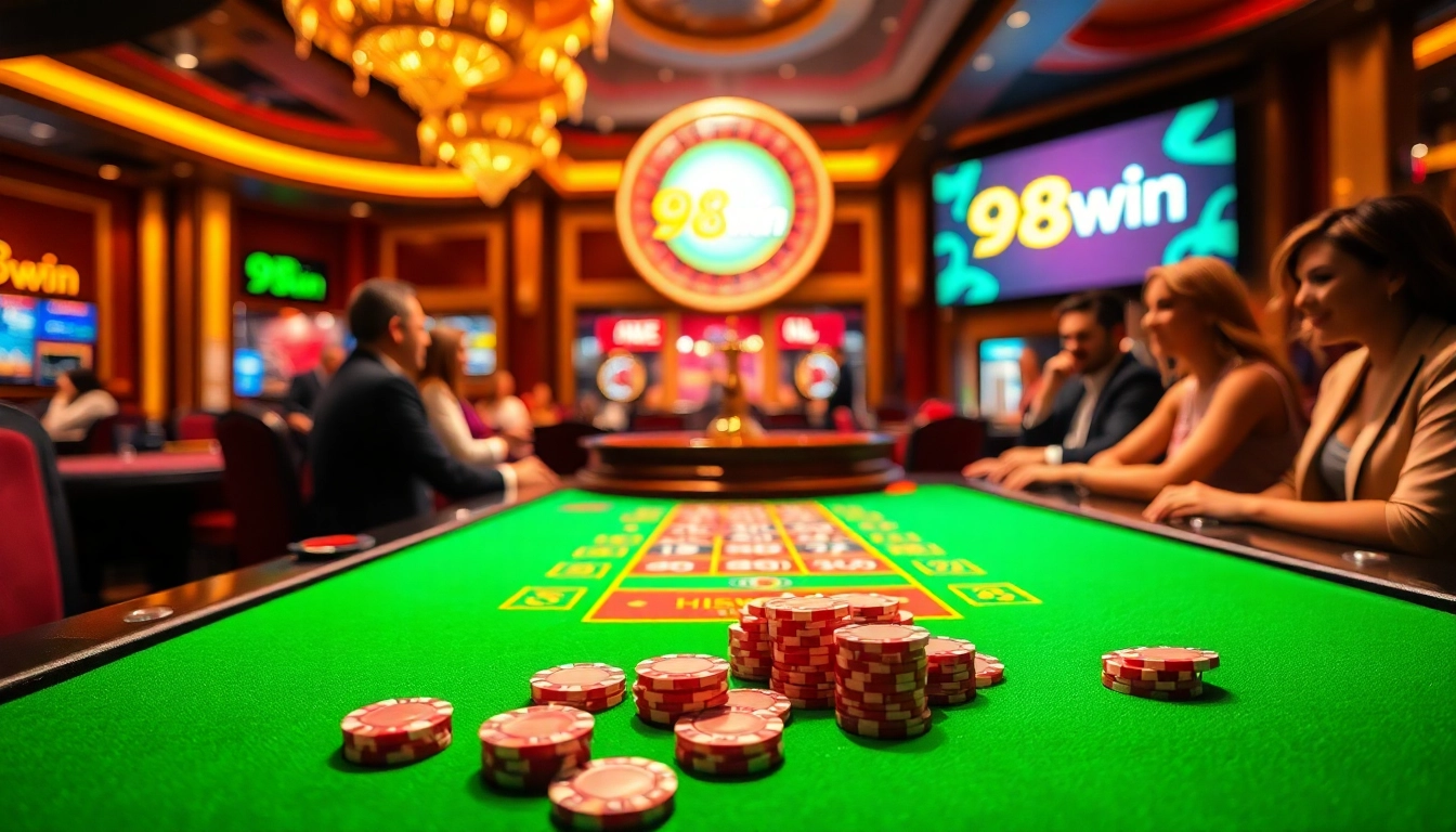 Exciting casino scene showcasing 98win with vibrant poker chips and spinning roulette wheel.