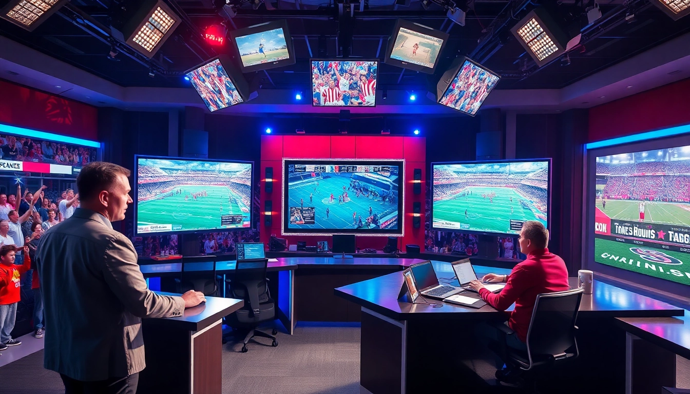 Engaging sports broadcasting scene with a host, vibrant atmosphere, live game screens.