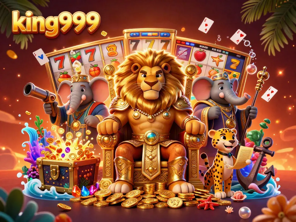 Gambarkan king999 yang menarik dalam dunia slot dengan singa raja dan elemen kasino lainnya.