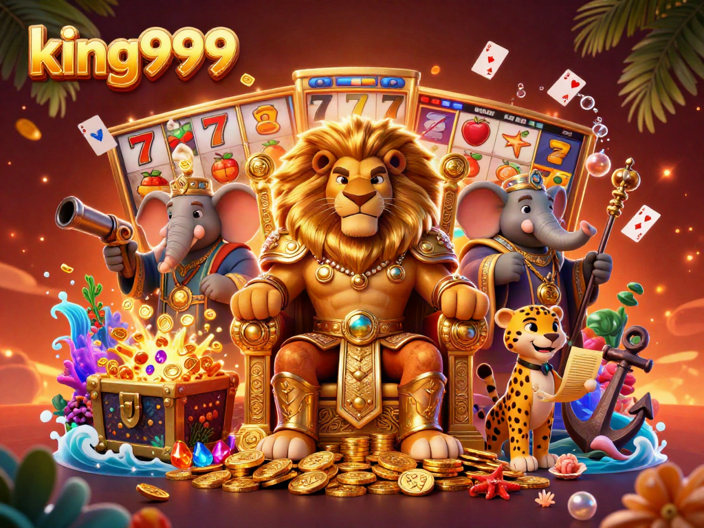 Gambarkan king999 yang menarik dalam dunia slot dengan singa raja dan elemen kasino lainnya.