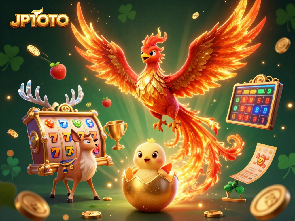 Experience the excitement of winning at JPTOTO with dynamic slot reels and a vivid 3D phoenix illustration.
