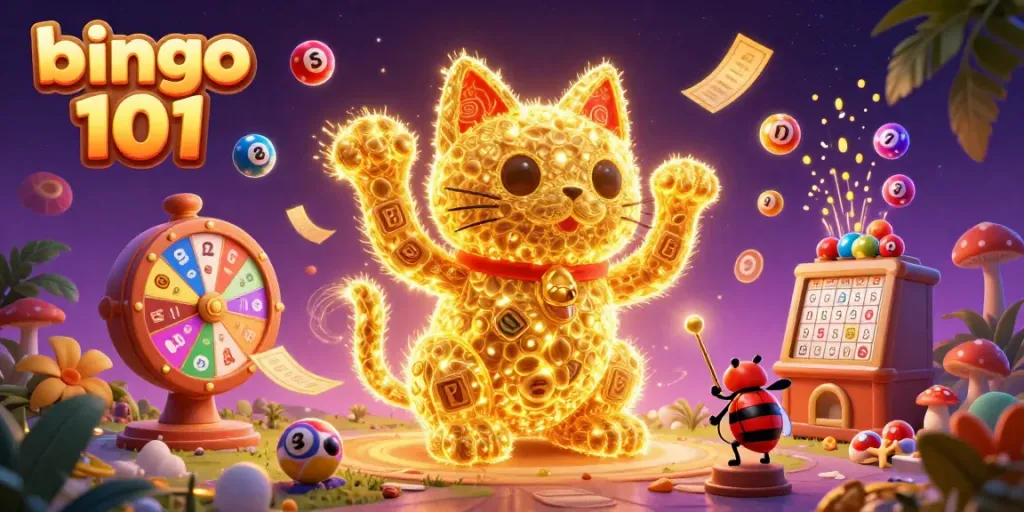Engage with bingo 101 in this vibrant 3D illustration showcasing a lucky cat and dynamic gaming elements.