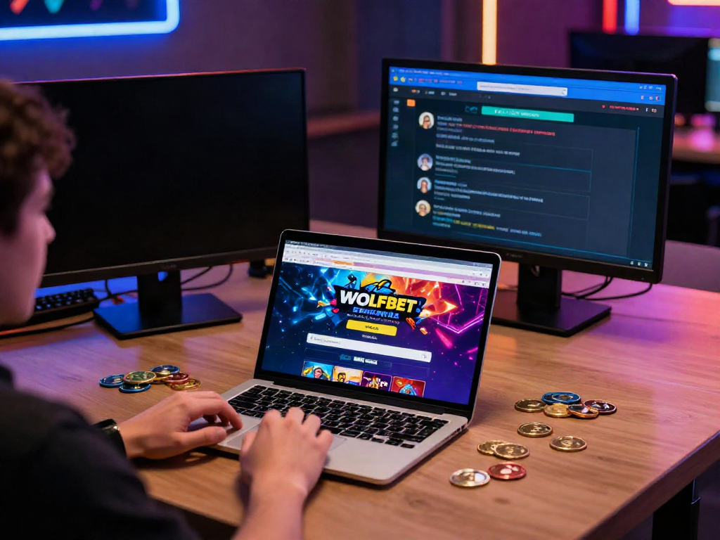 Engaged user navigating the Wolfbet Bonus Page with crypto coins and vibrant gaming graphics