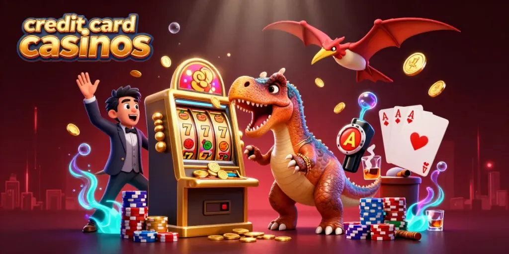 Experience the excitement of credit card casinos as a pachycephalosaurus wins jackpots and coins rain down.