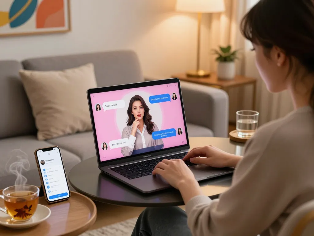 Engaging ai sex chat interaction on a laptop in a cozy living space.