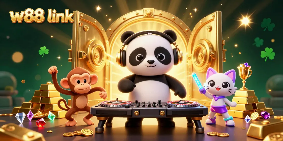 Experience thrilling bets with the vibrant w88 link, featuring energetic casino-themed characters and dazzling treasures.