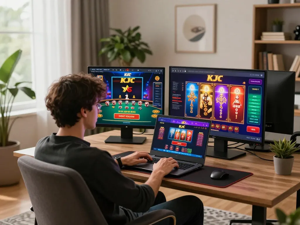 Player enjoying KJC online casino gaming on laptop in a cozy home environment