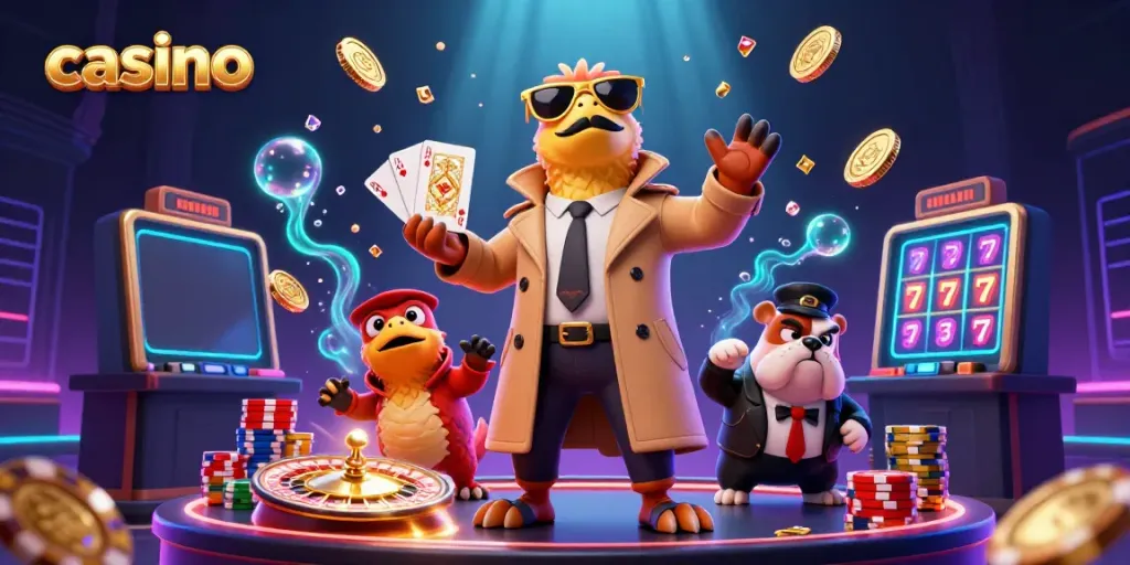 Three raptors in a trench coat charm the casino with golden coins flying around.