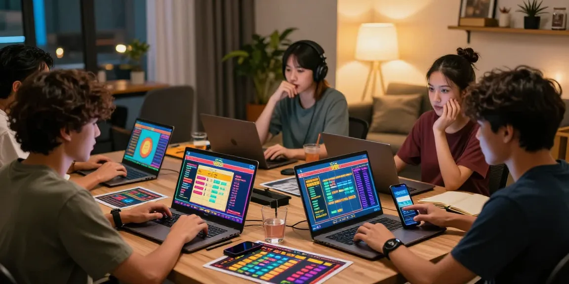 Exciting scene of macan togel players engaging with interactive online gaming interfaces, showcasing colorful results and a friendly atmosphere.
