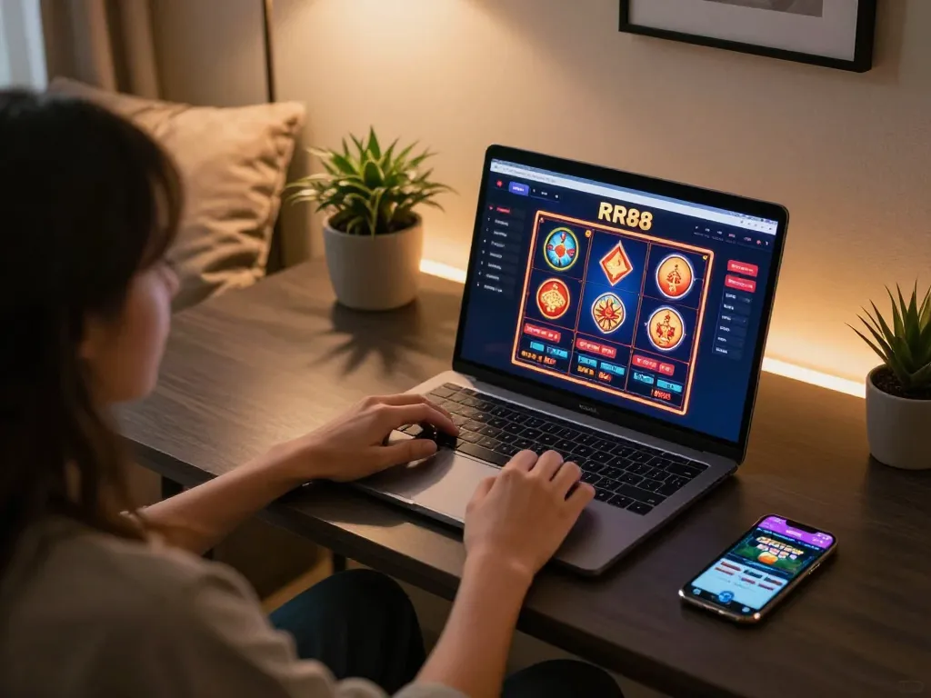 Enjoying online casino gaming at home on RR88 with vibrant slot graphics.