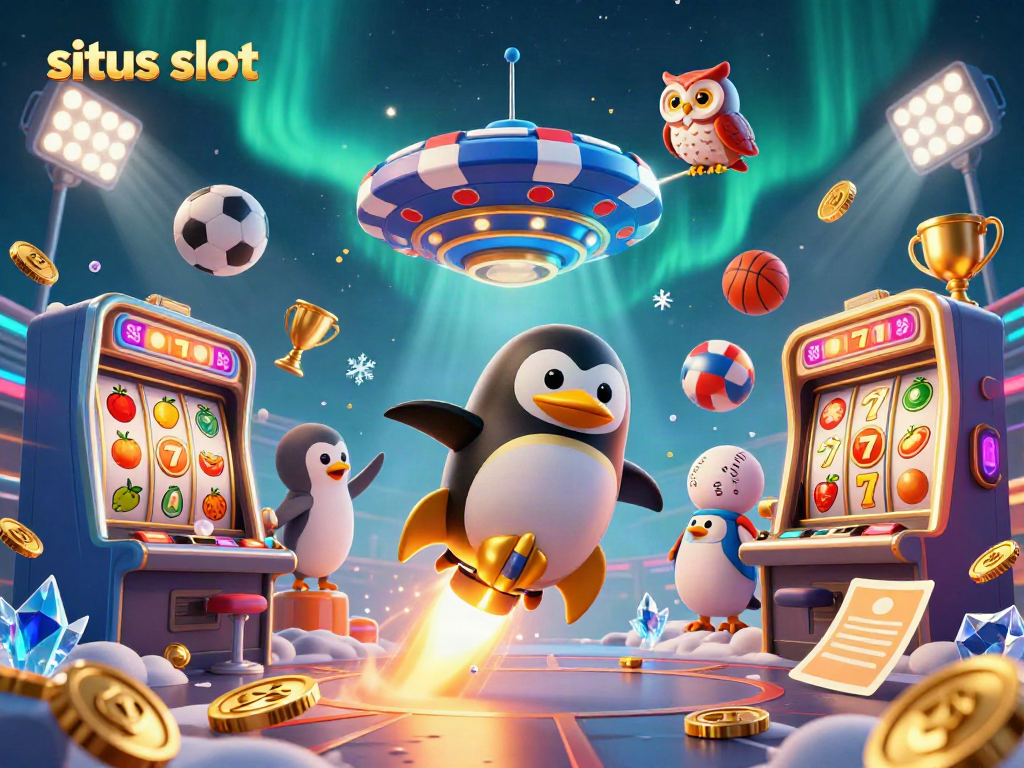 Slot permainan dengan penguin emas dan simbol jackpot di luar angkasa untuk situs slot.