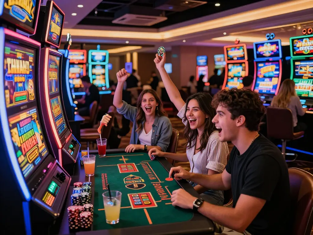 Exciting scene of casino patrons celebrating at situs gacor slot machines with vibrant lights and festive atmosphere.