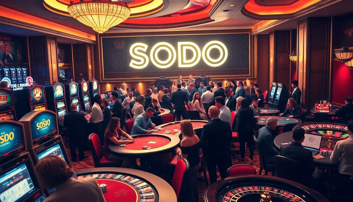 SODO casino interior featuring vibrant gaming tables and slot machines in an elegant setting.