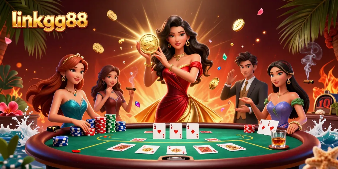 Join the excitement at link gg88 with a stunning Asian woman, golden coins, poker chips, and a vibrant casino atmosphere.