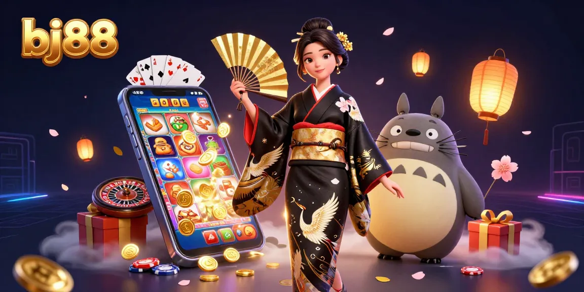 Engage with bj88's thrilling gaming experience featuring an elegant woman, tanuki, and vibrant casino elements.