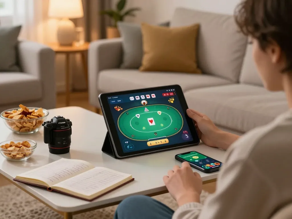 78win player enjoying online poker strategy with tablet in a cozy living room.