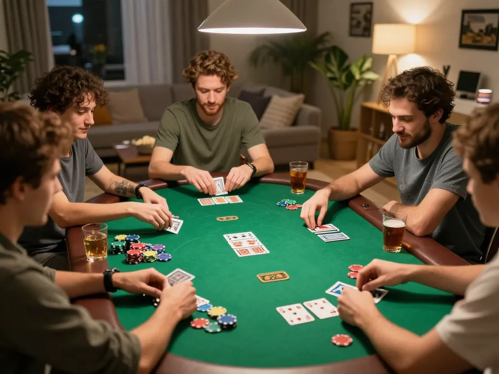 Engaged players enjoying a thrilling poker night at home, showcasing aa88i's excitement.