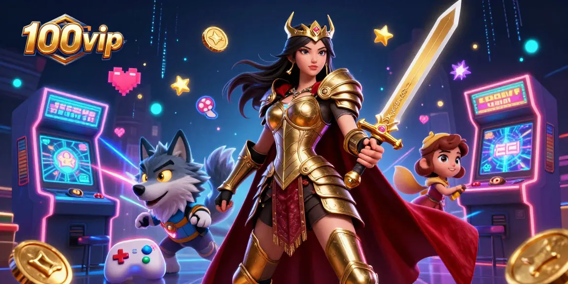 Celebrate thrilling wins at 100vip with a powerful warrior queen and her wolf companion amidst vibrant arcade-style casino elements.