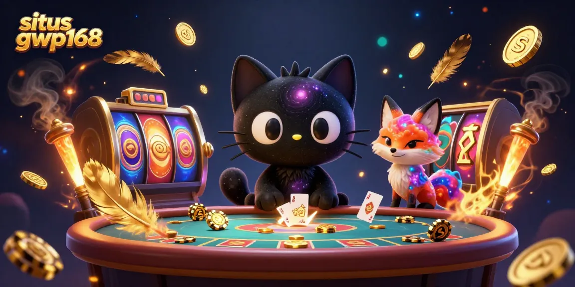 Slot GWP168 menampilkan kucing hitam 3D menarik chip emas, bersama rubah berbentuk nebula, dalam suasana kasino.