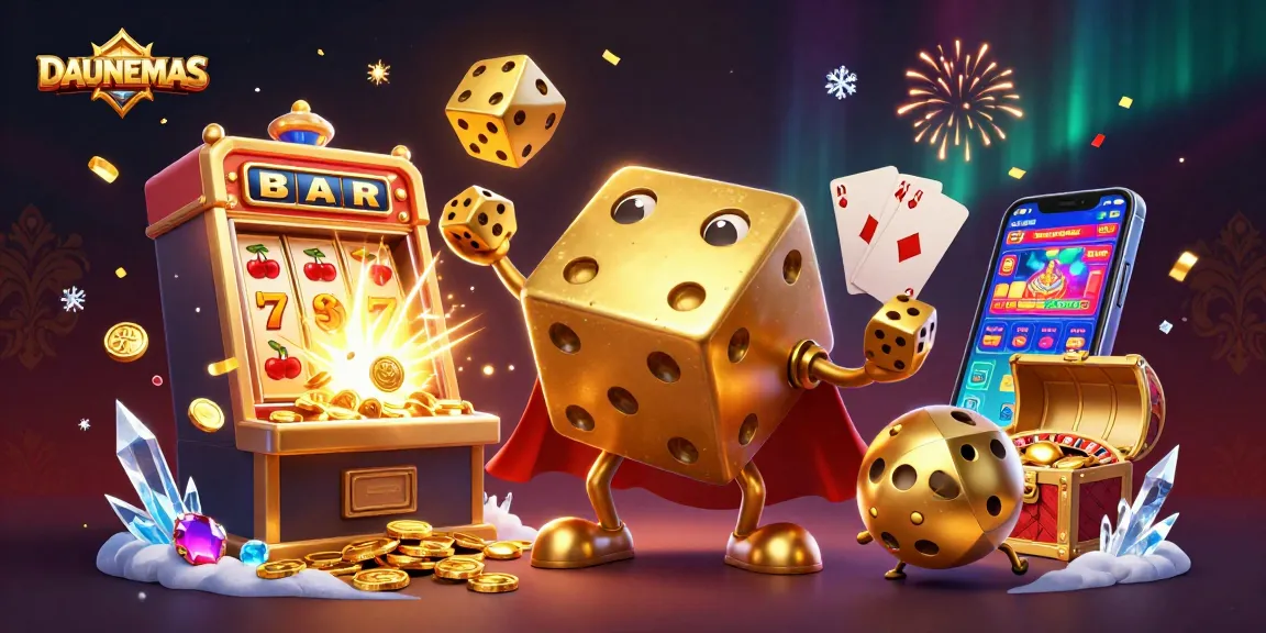 Engaging scene with DAUNEMAS showcasing a golden dice golem and rich casino elements in a vibrant illustration.