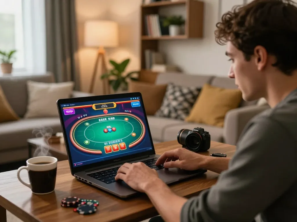 Player engaged in online poker on a laptop at home, capturing the essence of trang chủ shbet gaming excitement.