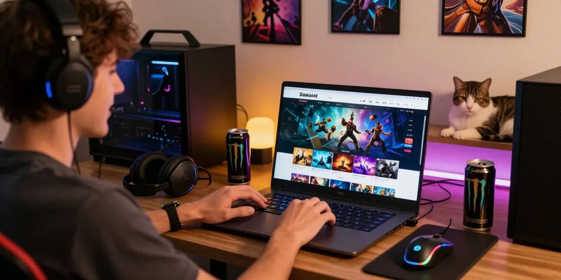 Happy user exploring Sawo4d resmi website on a laptop, vibrant gaming accessories around.