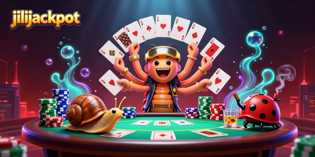 Engage with the thrilling action of jilijackpot as characters celebrate wins at a vibrant poker table.